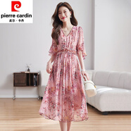 皮爾卡丹（pierre cardin）氣質(zhì)碎花連衣裙夏季2025印花新款仿冰絲長(zhǎng)裙收腰顯瘦百搭裙子 粉花 2XL 建議140-160斤