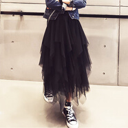 AC-AICHEN韓國24新款不規則高腰網(wǎng)紗蓬蓬裙中長(cháng)款裙子黑色紗裙女半身裙春秋 黑色裙長(cháng)84厘米 S 100斤以下穿