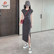 范哲狼（FANZELANG）顯瘦氣質(zhì)休閑連衣裙女2025新款春季輕奢感修身短袖t恤裙長(zhǎng)裙 灰色 商場(chǎng)品質(zhì) XL 170/92A 建議 116-126 斤