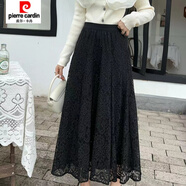 皮爾卡丹（pierre cardin）半身裙秋冬加厚百褶裙網(wǎng)紗A字裙兩穿半身裙中長(cháng)款高腰顯瘦長(cháng)裙子 6697黑色蕾絲一面穿80 均碼 80-150斤