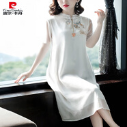 皮爾卡丹（pierre cardin）仿真絲連衣裙2025年夏季新款氣質(zhì)中國風(fēng)刺繡士寬松長(cháng)款復古旗袍裙 白色:刺繡+里 M :建議100-110斤