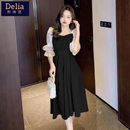 矜持范網(wǎng)紅款雪紡連衣裙女2025春季新款感收腰顯瘦中長(cháng)裙百搭A字裙 黑色【短款到膝蓋7分袖】 XL 建議115-124斤