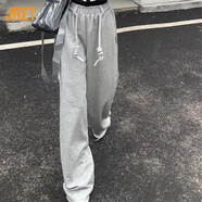 Jret抽繩高腰灰色運動(dòng)衛褲女設計街拍美式寬松闊腿褲女春秋季垂拖地褲 淺灰色 2XL