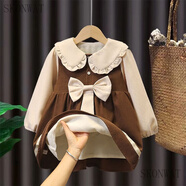 SKONWAT女童連衣裙春秋裝2023新款兒童洋氣寶寶連衣裙娃娃領(lǐng)秋冬款公主裙 咖啡色 加絨加厚大蝴蝶裙 90 建議身高90CM左右