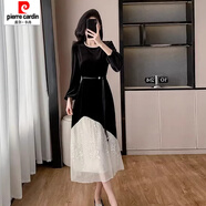 皮爾卡丹（pierre cardin）赫本風(fēng)感亮片網(wǎng)紗連衣裙女秋冬假兩件蕾絲拼接金絲絨長(cháng)裙 黑色面料 M 100-115斤