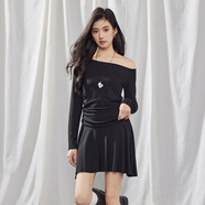 A21女裝一字領(lǐng)插肩長(zhǎng)袖連衣裙2025春新款韓版修身顯瘦不規(guī)則裙子 黑色 S
