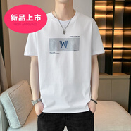 昂秉純棉短袖t恤男夏季新款印花潮牌潮流寬松時(shí)尚ins打底衫上衣服高檔 品牌W88510-白色【純棉半袖】 S 建議90-100斤