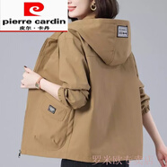 皮爾卡丹（pierre cardin）中年媽媽裝連帽短外套女春秋新款休閑大碼寬松洋氣減齡夾克 卡其色 XL 125-135斤