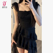 緣夢韻法式氣質(zhì)氛圍感無袖玫瑰花吊帶連衣裙女夏季荷葉邊不規(guī)則拖尾長裙 黑色 S