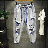 潮韻月春秋季破洞褲男韓版直筒薄款乞丐褲潮男個(gè)性撞色松緊腰牛仔九分褲 N871款藍色牛仔褲 4XL 建議180-200斤