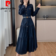 皮爾卡丹（pierre cardin）媽l媽時(shí)尚牛仔連衣裙女春秋2025新款春裝氣質(zhì)收腰顯瘦女士打底裙 深藍(lán)色 [106-115斤] L