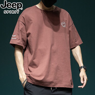 JEEP SPIRIT吉普短袖t恤男夏季男士寬松加肥加大碼T恤休閑百搭純棉上衣體恤 磚紅T恤 4XL 碼(205斤-220斤)