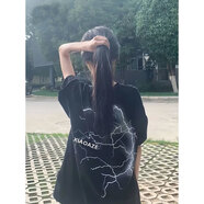 文頗100%純棉國潮美式復(fù)古閃電印花短袖t恤男女夏季潮牌高街重磅體恤 260克-黑 S 建議85-95斤