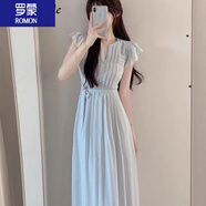 羅蒙（ROMON）連衣裙女2024夏季新款法式溫柔修身顯瘦垂墜感小飛袖寬松裙子 淺藍(lán)色 L