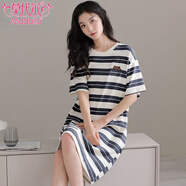 莫代爾夏季薄款睡裙女短袖純棉睡衣連衣裙女生寬松中長(zhǎng)款全棉休閑家居服 X1510小熊藍(lán)條 XL 衣長(zhǎng)96適合120-140斤