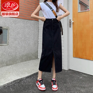 浪莎復(fù)古牛仔裙半身裙女2025新款a字高腰顯瘦中長款小個(gè)子開叉長裙 黑色 【升級(jí)前開叉款】 S 【推薦80-90斤腰圍64CM】