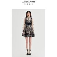 LULUALWAYS【商場同款】25春季新款復古宮廷原創(chuàng)設計花稿連衣裙女宴會晚禮服 黑色 XL