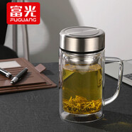 富光 茶杯玻璃杯帶把手雙層水杯男過(guò)濾網(wǎng)辦公男女士耐高溫泡茶水杯子 鋼本色【鋼蓋+加厚杯底】 380ml