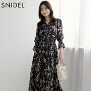 SNIDEL秋冬甜美碎花系帶收腰百褶雪紡連衣裙SWFO245033 棕色 M （1）