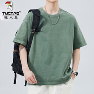 啄木鳥(niǎo)短袖t恤男寬松夏季ins潮牌重磅純棉上衣男生潮流衣服半袖衣服男 XCM-333軍綠色 XL