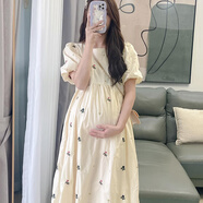 GOCHIEI孕婦裝2025新款夏季花色韓版甜美連衣裙泡泡袖中長(zhǎng)款清新圓領(lǐng)裙子 杏色碎花裙 L100-120斤 均碼