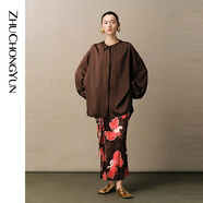 ZHUCHONGYUN【醋酸緞面】2025夏新款落肩廓形中式襯衫上衣 啡色 L