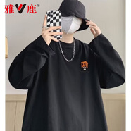 雅鹿純棉長(cháng)袖T恤男港風(fēng)潮牌寬松圓領(lǐng)夏季薄款體恤棉T潮流男女同款 127款黑色-純棉 4XL 【建議體重170-190斤】