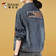 啄木鳥(niǎo)2025春秋新款牛仔外套女大碼韓版寬松貼布個(gè)性百搭短款上衣夾克潮 藍色 后背皮牌款 S