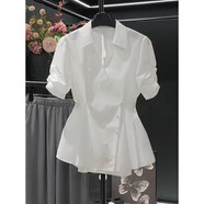 菲尼東爵大碼級感v領(lǐng)泡泡短袖襯衫夏季新款微胖mm法式氣質(zhì)收腰裙擺上衣 白色【端上衣/遮肚子/遮肉/ M 建議90-100斤