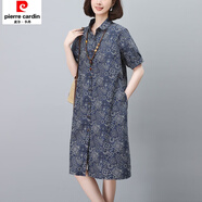 皮爾卡丹（pierre cardin）純.棉碎花連衣裙夏季新款短袖中長款百搭氣質(zhì)媽媽洋氣開衫裙子 藏青色 【開衫款 所有扣子可解開 M 【建議90-112斤】