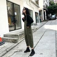 蘭威費(fèi)雷褲子女學(xué)生韓版寬松闊腿褲休閑褲工裝褲背帶褲女 907#軍綠色背帶褲不加絨 S
