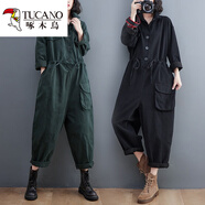 啄木鳥(niǎo)女工裝連衣褲復古寬松休閑連體哈倫褲 五百件發(fā)價(jià)聯(lián)系客服 L 【建議90-120斤】