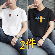 花花公子（PLAYBOY）2025新款2件棉短袖T恤男夏季新款體桖潮體恤上衣服打底衫高檔潮牌 4-703白色2174黑色 XL