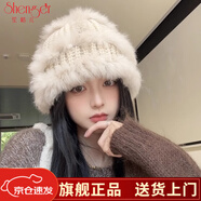 笙格兒白色毛絨真兔毛帽子女秋冬季保暖顯臉小護耳毛線(xiàn)帽皮草針織漁夫帽 米色-毛線(xiàn)款 均碼