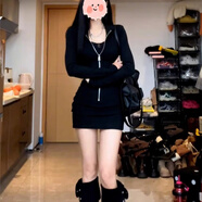 爾山集連衣裙女性感辣妹百搭2025新款春季裙子內(nèi)搭短裙 性感拉鏈連衣短裙黑色M碼