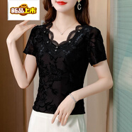 初徑夏季蕾絲短袖上衣女新款黑色v領(lǐng)修身顯瘦彈力網(wǎng)紗t 黑色 M 【85-100斤】