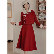 OY中式盤(pán)扣國風(fēng)套裝女冬新款紅色圣誕毛呢兩件套2025蛇年本命年衣服 紅色套裝(送掛飾) S