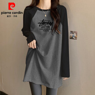 皮爾卡丹（pierre cardin）長(zhǎng)袖t恤女搭配鯊魚褲的上衣春秋冬新款遮屁股中長(zhǎng)款包臀衛(wèi)衣內(nèi)搭 灰拼黑(磨毛款)-MYSTAR四行字母 XL 125-145斤