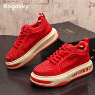 Rogosky香港潮牌男鞋春秋新款2025運動(dòng)休閑鞋時(shí)尚水鉆紅色潮流板鞋厚底 紅色 （增高版） 41 =運動(dòng)鞋42
