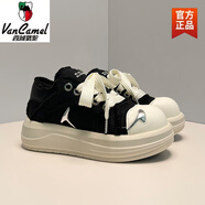 西域駱駝【同款】小眾設計厚底增高板鞋男女透氣情侶笑臉大頭帆布鞋子 黑白-駱駝官方品牌旗艦 36 【女碼】