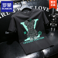 羅蒙（ROMON）新款高端休閑歐洲站T恤男短袖春夏季新款修身圓領(lǐng)燙鉆半袖男士T恤 黑色 5XL 180-210斤