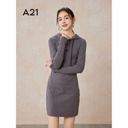A21女裝連帽長(cháng)袖直筒針織連衣裙春秋季氛圍感顯瘦小眾打底包臀裙 深灰 M