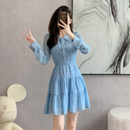 紫頌法式雪紡連衣裙子早春秋冬季2025新款女裝小個(gè)子長(cháng)袖氣質(zhì)顯瘦收腰 藍色 S