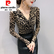 皮爾卡丹（pierre cardin）性感領(lǐng)打底衫女裝2025春秋洋氣網(wǎng)紗長(cháng)袖T恤小衫內搭上衣針織 豹紋 3XL
