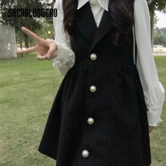 圣羅地奧馬甲裙女洋氣款高檔黑色翻領毛呢背心裙女春秋法式赫本風小個子連 黑色背心 S