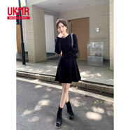 UKMR長(zhǎng)袖連衣裙春新款顯瘦針織裙中長(zhǎng)款內(nèi)搭打底毛衣裙女a(chǎn)字小黑裙 黑色(圓領(lǐng)花邊袖) M 100-105斤