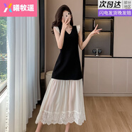 曦牧遙歐根紗撞色V領(lǐng)連衣裙女夏季蕾絲拼接小黑裙法式溫柔小飛袖中長(cháng)裙 黑色 M