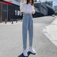 FSHE直筒高腰牛仔褲女2025春秋新款老爹褲顯瘦九分松緊蘿卜寬松淺色褲 3312淺藍 M
