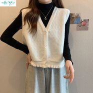 朵貌V領(lǐng)針織馬甲女2025春秋短款木耳邊開衫外搭毛衣背心疊穿坎肩外搭 白色馬甲  M 建議95-105斤
