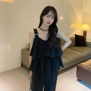 藍駿啟2025年夏季韓版設計感甜美百搭雙層荷葉邊吊帶背心上衣女潮 黑色 S